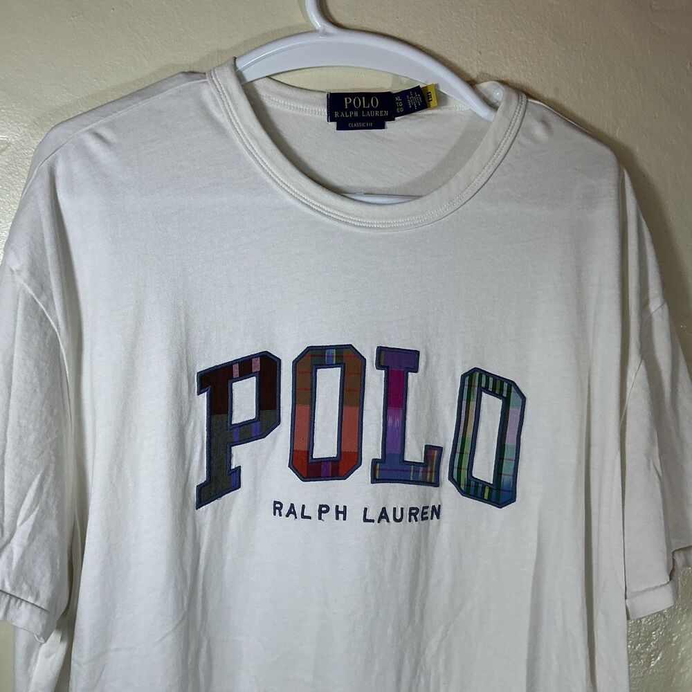 Men’s Polo Ralph Lauren XL White T Shirt Flannel Letter Logo Classic Fit Tee - Picture 2 of 5